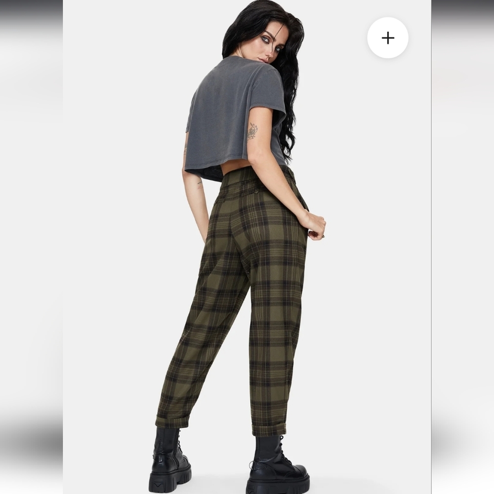 Disturbia Cecily Olive and Black Plaid Trousers - Picture 3 of 10